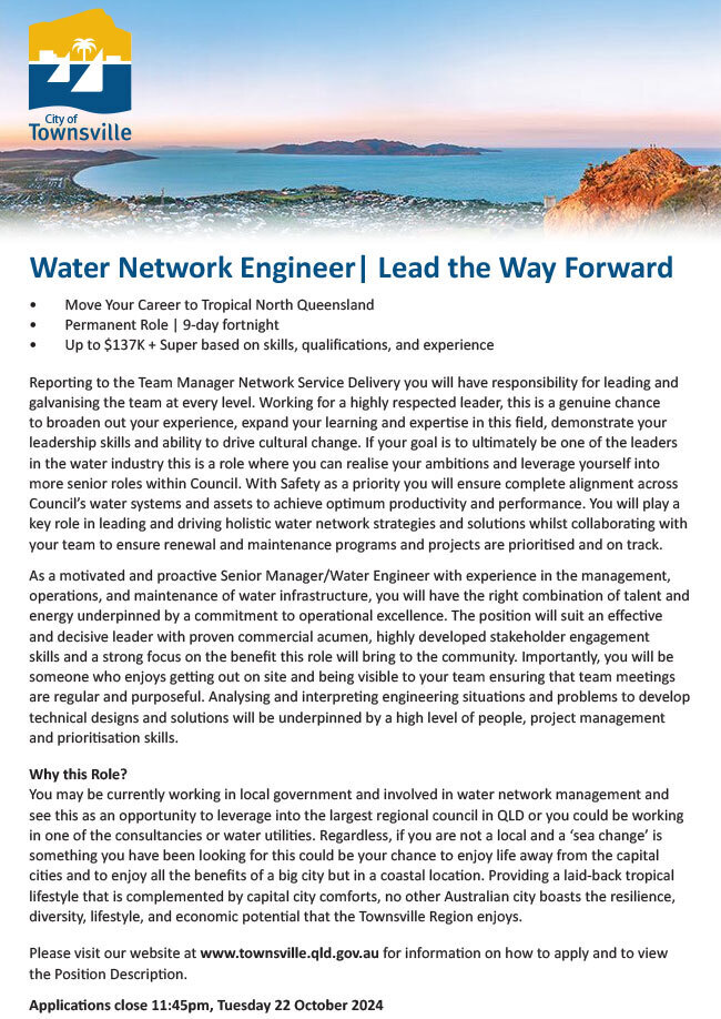 Water Network Engineer Job at City of Townsville in Townsville